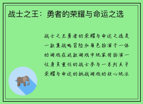 战士之王：勇者的荣耀与命运之选